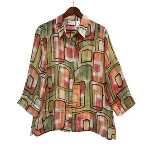 Alfred Dunner- Size 16  Blouse  White, Green and  Peach 3/4 Sleeves